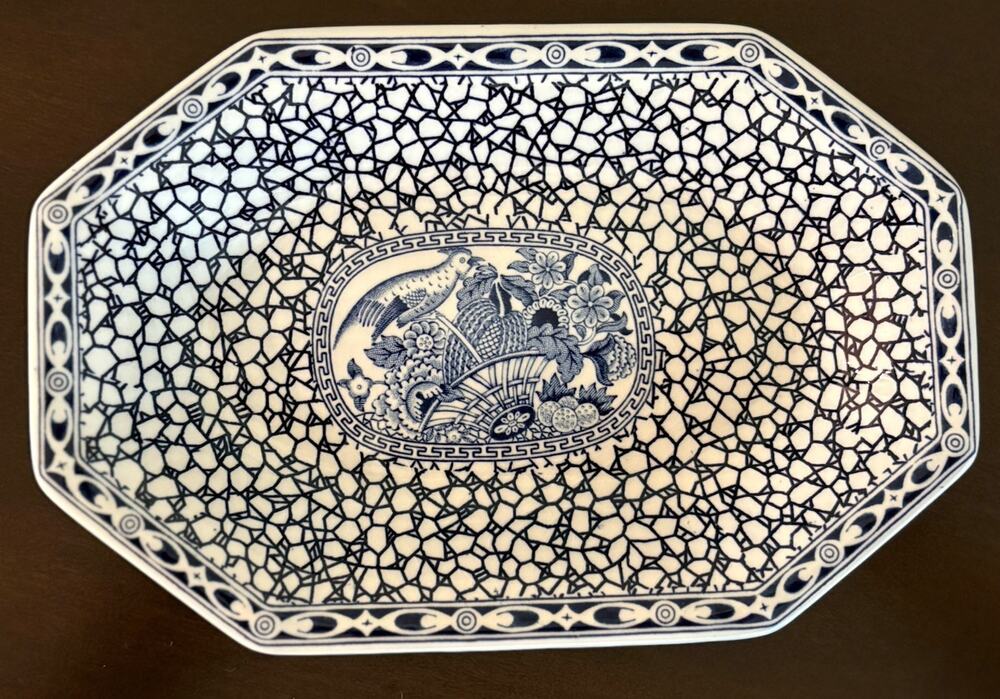 William Adams Ironstone Chinese Bird Octagonal Small Platter Blue White England